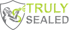 Logo with the words "TRULY SEALED" next to an outline of a person in a respirator spraying a hose, all within a shield shape.